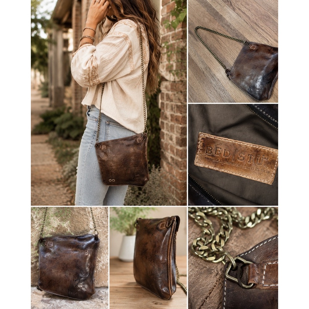 Bed Stu Brown Distressed Leather Crossbody Bag Chain Strap Boho Artisan Purse